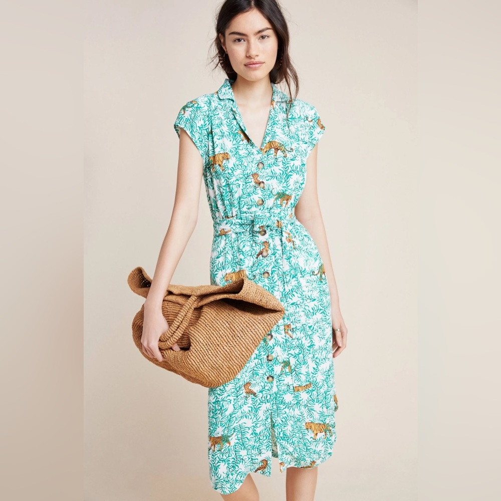 Anthropologie Maeve Catherine Shirt Dress Midi Green Animal Tiger‎ Print Sz 0